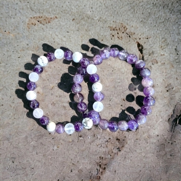 Celik Crystals Jewelry - Set of 2 Amethyst Bracelets - 8mm Stretch Beads with Howlite & Selenite